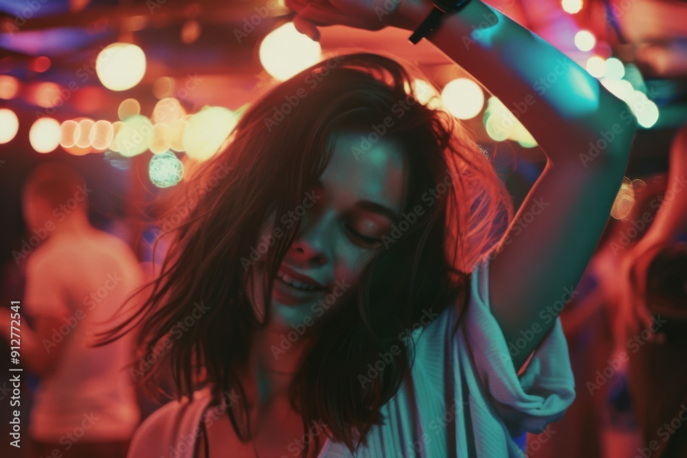 A young woman dances joyfully under colorful lights at a vibrant party, her face illuminated by the glowing hues, embodying the spirit of celebration. A young woman dances joyfully under colorful lights at a vibrant party, her face illuminated by the glowing hues, embodying the spirit of celebration.