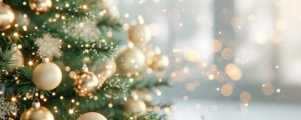 Close-up of sparkling Christmas ornaments on a tree with bokeh lights. Close-up of sparkling Christmas ornaments on a tree with bokeh lights.