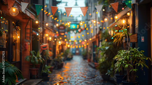 A narrow alley adorned with colorful lights and bunting, creating a festive and inviting atmosphere for visitors.