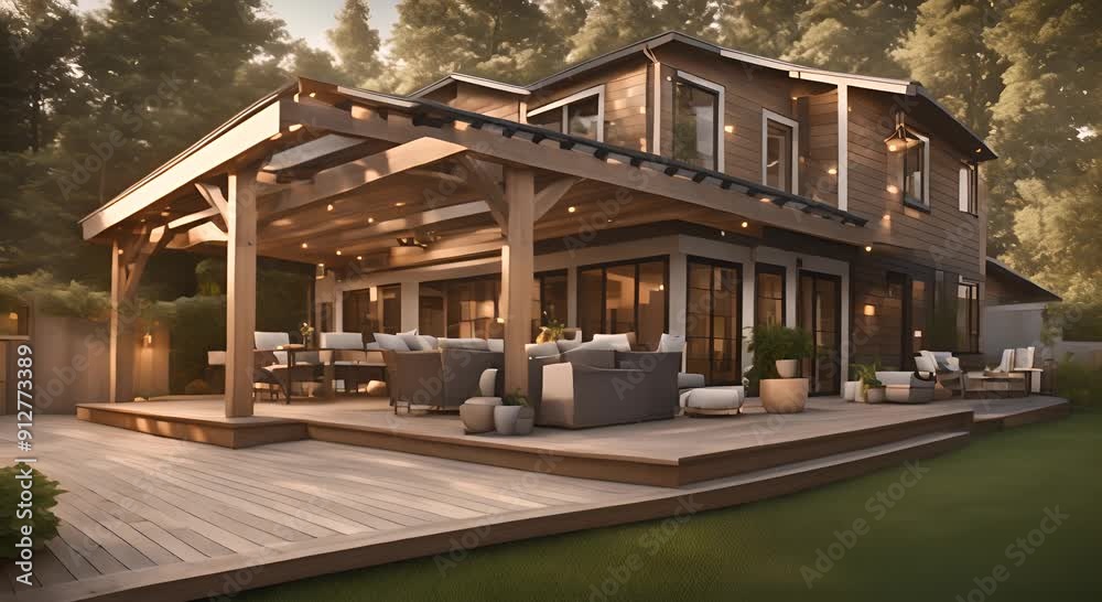 Back yard house exterior with spacious wooden deck with patio area and attached pergola 4k animation Back yard house exterior with spacious wooden deck with patio area and attached pergola 4k animation