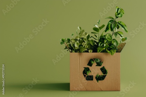 A cardboard box with a recycling symbol is filled with diverse green plants, promoting sustainability and eco-awareness. photo