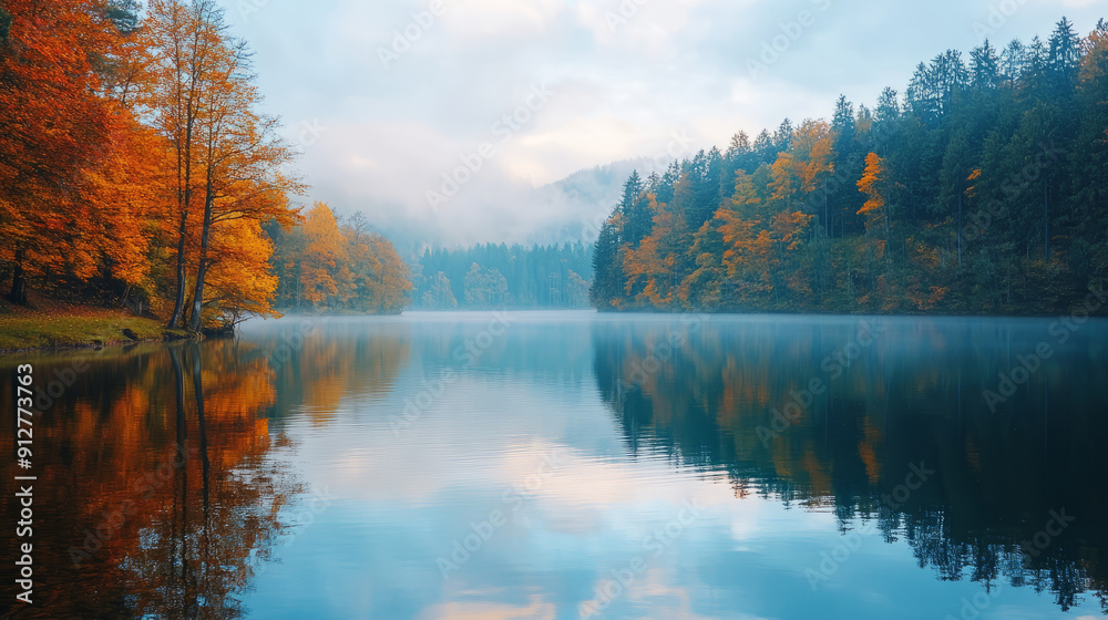 Fototapeta premium A peaceful lake surrounded by autumn foliage