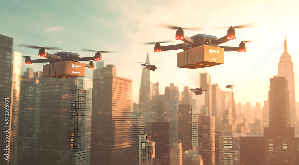A Group of Drones Carrying Boxes Flying Over the City A Group of Drones Carrying Boxes Flying Over the City
