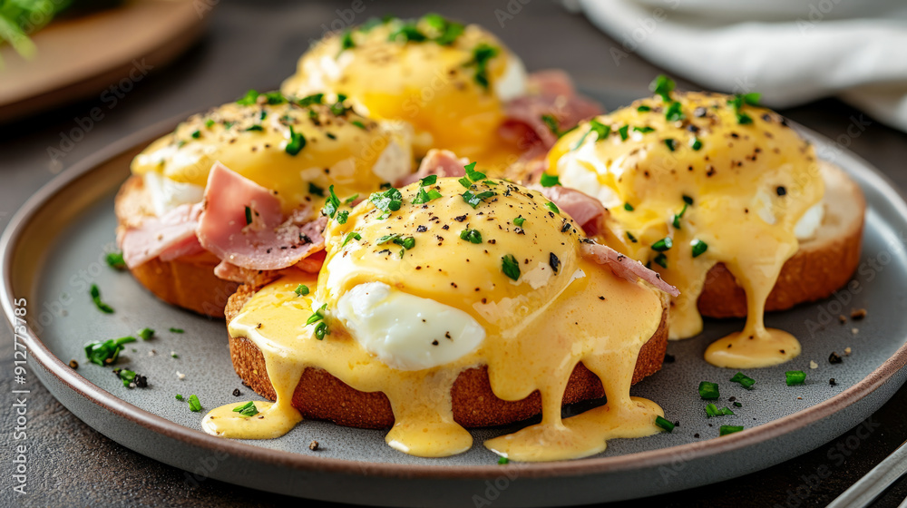 A plate of eggs Benedict with hollandaise sauce and ham A plate of eggs Benedict with hollandaise sauce and ham