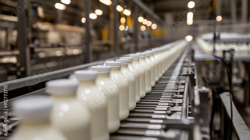 Rows of Milk Pudding Bottles on Conveyor Belt in Dairy Factory