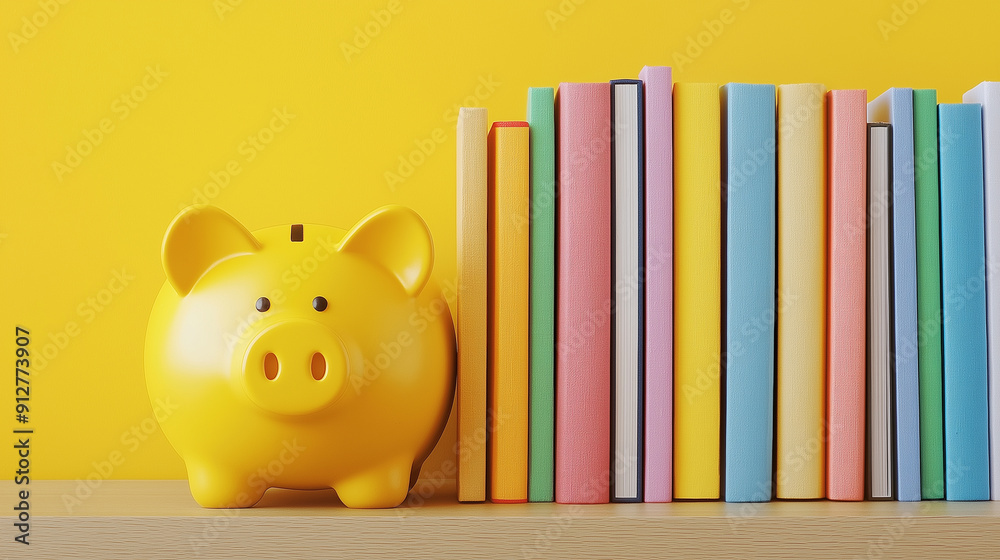 Yellow piggy bank next to colorful books on a yellow background. Yellow piggy bank next to colorful books on a yellow background.