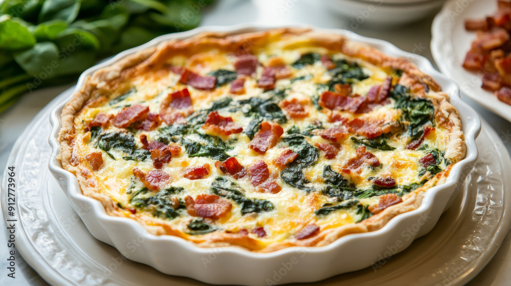 A savory breakfast quiche with spinach, cheese, and bacon A savory breakfast quiche with spinach, cheese, and bacon