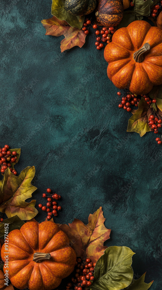 Festive autumn decor from pumpkins and copy space Festive autumn decor from pumpkins and copy space