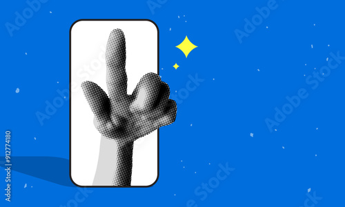 Modern collage with halftone hand sticking out of the phone screen. Online shopping concept. Index finger presses the screen. Newspaper parts. Y2K style. Online business. Searching for information