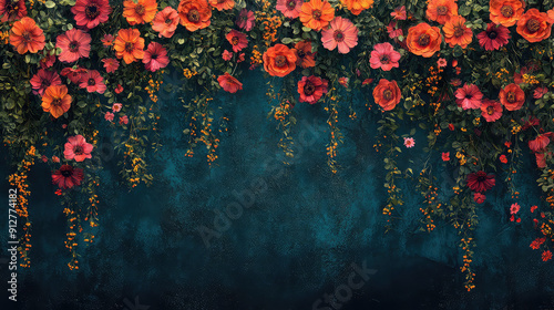 Fototapeta Naklejka Na Ścianę i Meble -  Elegant colorful with vibrant flower hanging branches illustration background. Bright color 3d abstraction wallpaper for interior mural