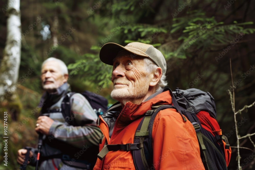 Two elderly hikers, fully geared, stand amidst a lush forest, exuding a sense of adventure and connection with nature. Two elderly hikers, fully geared, stand amidst a lush forest, exuding a sense of adventure and connection with nature.