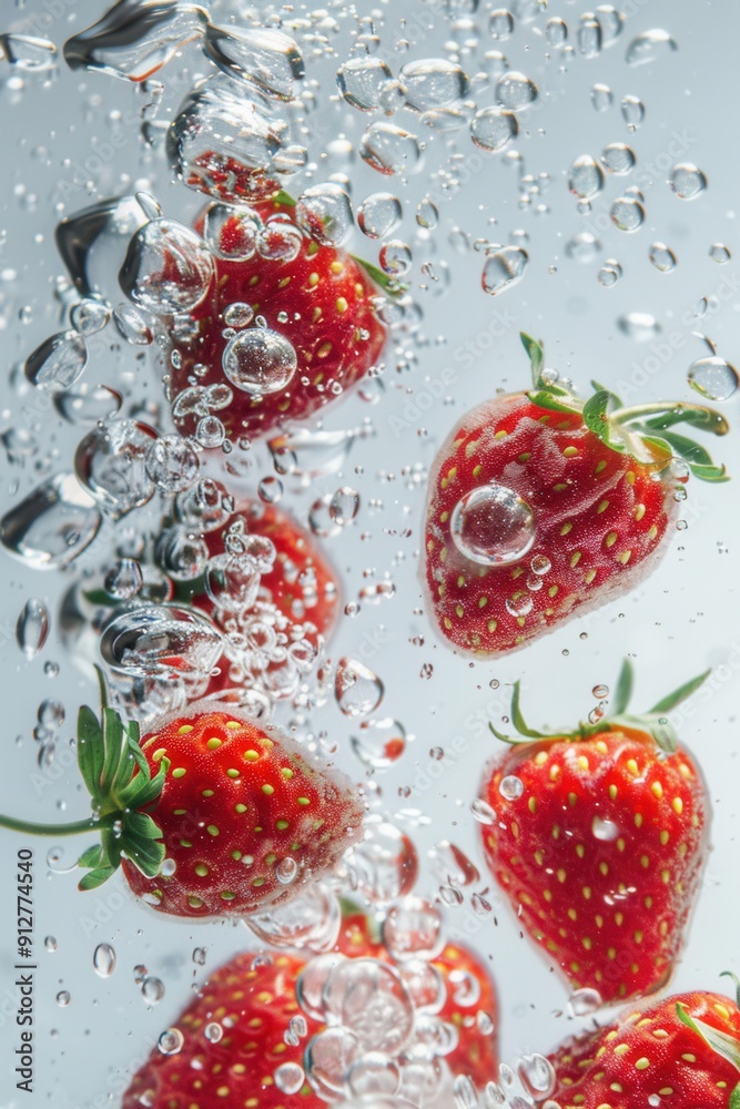 Juicy ripe strawberry fruit in water with bubble Juicy ripe strawberry fruit in water with bubble