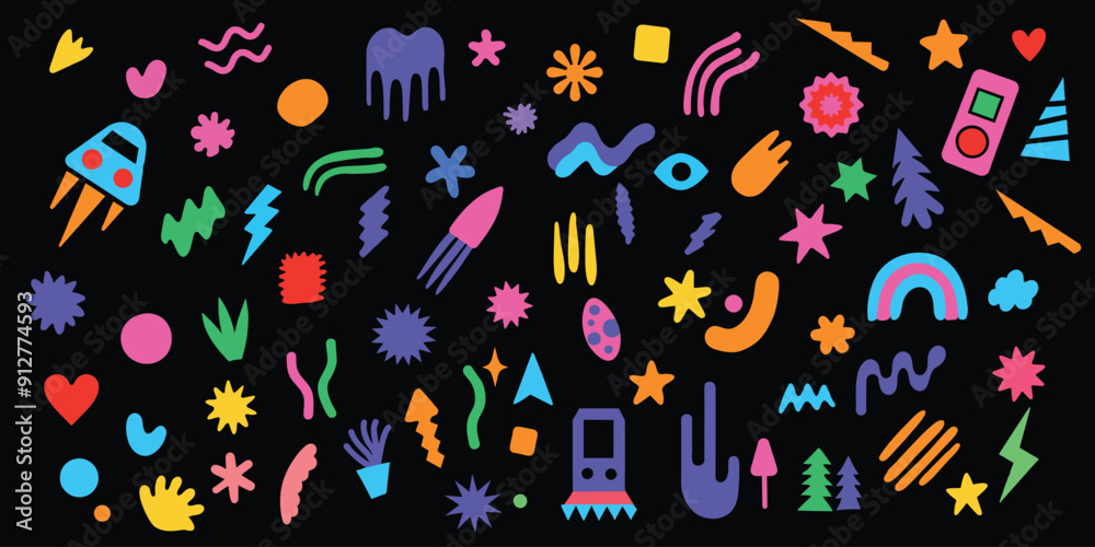 Abstract shapes sticker pack. Groovy funky flower, bubble, star, loop, waves in trendy retro 90s 00s cartoon style. Vector illustration with design elements. Abstract shapes sticker pack. Groovy funky flower, bubble, star, loop, waves in trendy retro 90s 00s cartoon style. Vector illustration with design elements.