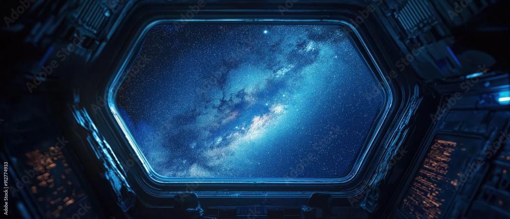 A stunning view of a distant galaxy through a futuristic spaceship window, capturing the beauty of outer space and cosmic wonders. A stunning view of a distant galaxy through a futuristic spaceship window, capturing the beauty of outer space and cosmic wonders.