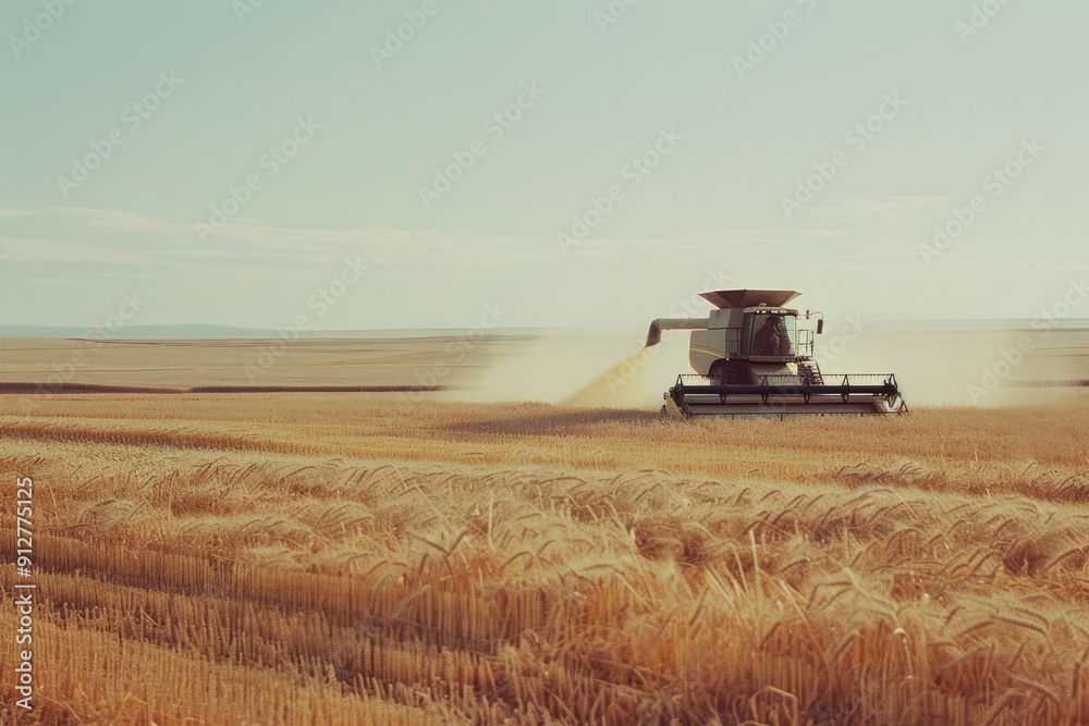 A harvesting machine works through a vast golden wheat field under a clear sky, illustrating the beauty and productivity of agricultural life.