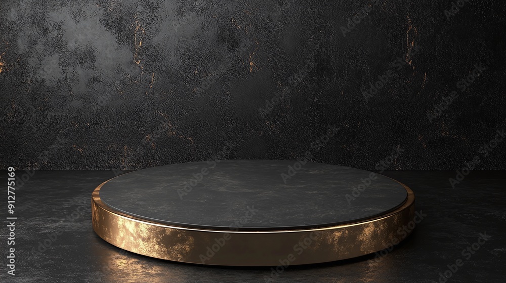 Black Carpet Background with an Empty Black and Gold Podium for Product Presentation Black Carpet Background with an Empty Black and Gold Podium for Product Presentation
