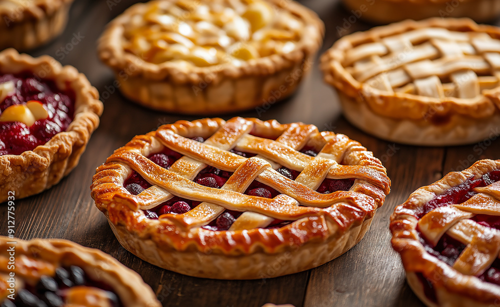 A close-up of several freshly baked fruit pies with golden-brown lattice crusts, filled with a variety of fruits. A close-up of several freshly baked fruit pies with golden-brown lattice crusts, filled with a variety of fruits.