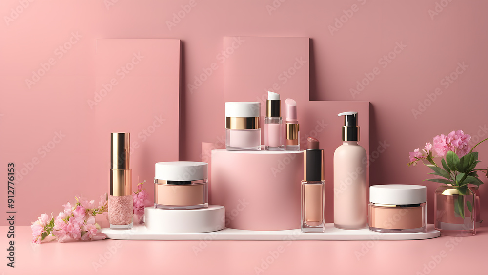 A display of cosmetics on a white pedestal with pink walls A display of cosmetics on a white pedestal with pink walls