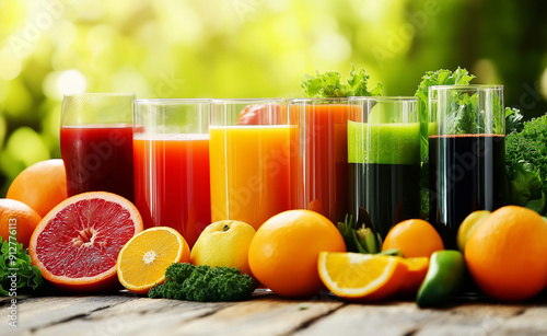  A variety of colorful fruit and vegetable juices in glasses, with fresh ingredients like oranges and greens, arranged in a row.