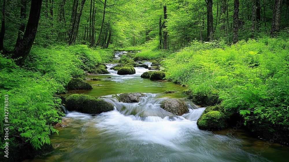 A pristine stream flowing through a lush green forest with vibrant colors and clear water Stock Photo with copy space A pristine stream flowing through a lush green forest with vibrant colors and clear water Stock Photo with copy space