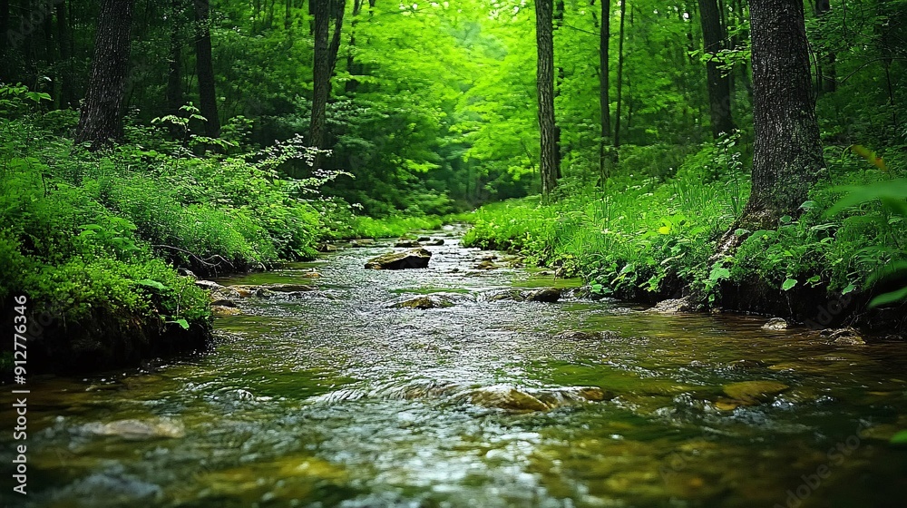 A pristine stream flowing through a lush green forest with vibrant colors and clear water Stock Photo with copy space A pristine stream flowing through a lush green forest with vibrant colors and clear water Stock Photo with copy space
