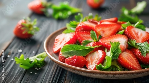 Fresh strawberry fruit salad on table closeup view