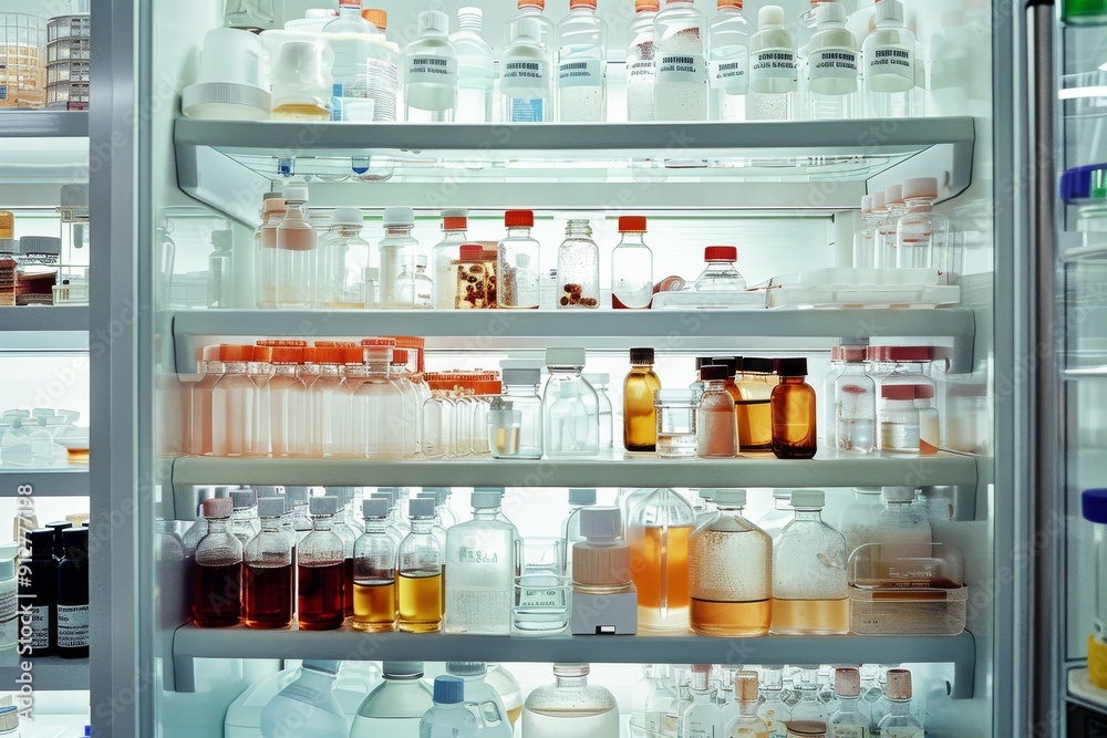 Multiple shelves of lab equipment and medical supplies, methodically arranged, illustrating a hub of scientific activity and precision. Multiple shelves of lab equipment and medical supplies, methodically arranged, illustrating a hub of scientific activity and precision.