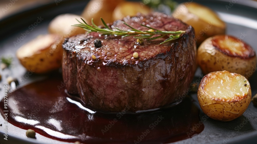 Close-up of a perfectly cooked steak with rosemary and roasted potatoes on a black plate Close-up of a perfectly cooked steak with rosemary and roasted potatoes on a black plate