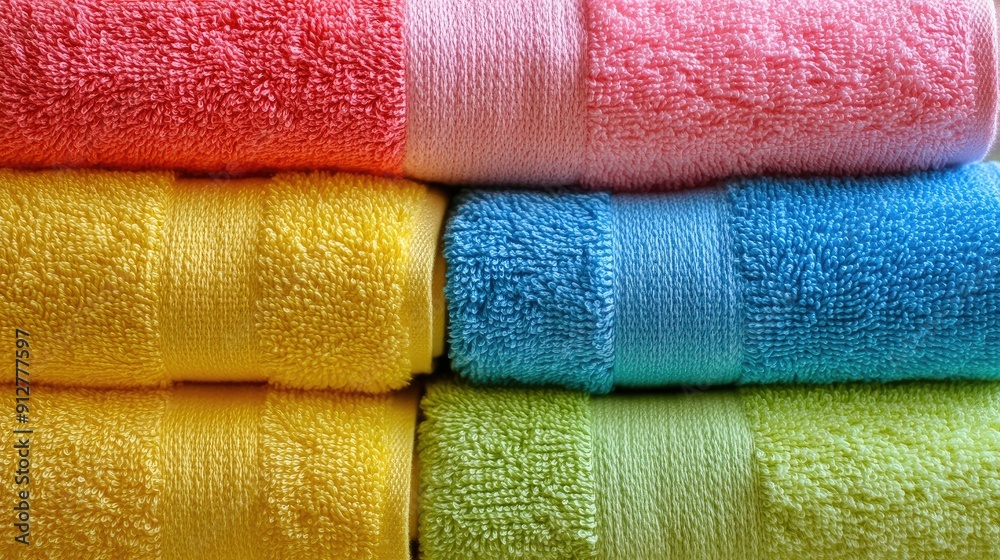 A stack of bright and colorful towels arranged neatly, perfect for home decor or bath settings. A stack of bright and colorful towels arranged neatly, perfect for home decor or bath settings.