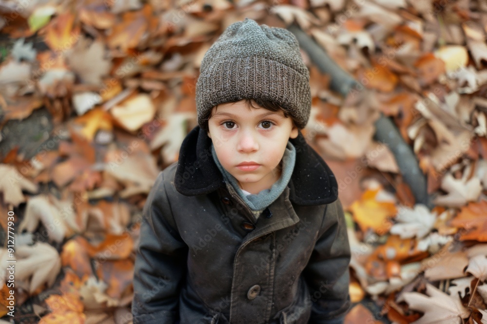 A child in a dark brown coat and knit hat stares pensively up from a blanket of autumn leaves. A child in a dark brown coat and knit hat stares pensively up from a blanket of autumn leaves.