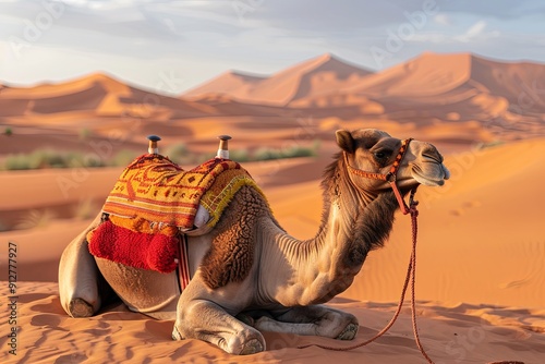 A camel rests in the desert sands, its saddle adorned with colorful patterns. photo