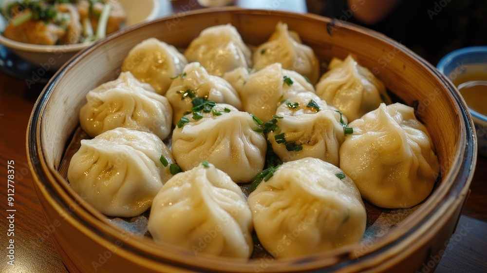 Basket of dumplings with scallions, arranged beautifully on a table, ready to be enjoyed Basket of dumplings with scallions, arranged beautifully on a table, ready to be enjoyed