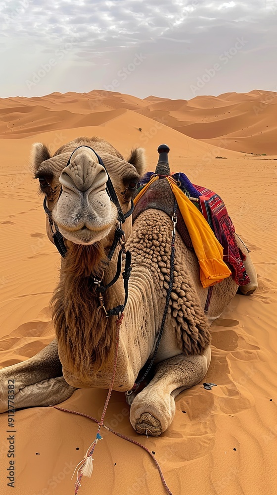 Fototapeta premium Close up of a camel lying in the desert.
