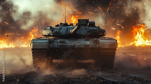 Panoramic Chaos Unfolds as Tank Dominates Fiery Landscape