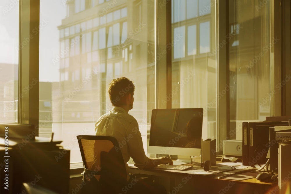 A person works at a desk with a computer in a bright office, bathed in warm sunlight, with reflections of a cityscape on the window glass. A person works at a desk with a computer in a bright office, bathed in warm sunlight, with reflections of a cityscape on the window glass.