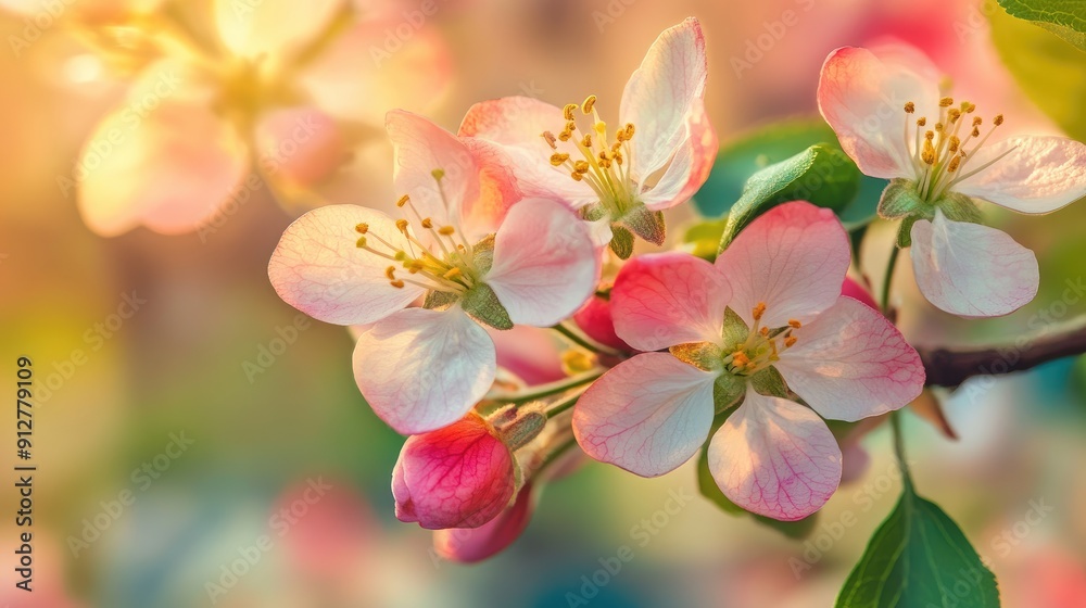 Obraz premium Blooming fruit tree branch with colorful flowers, captured in a close-up shot to highlight spring's beauty.