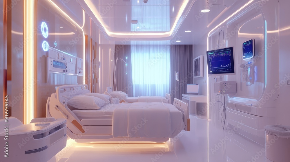 High-tech hospital room with automated monitoring systems High-tech hospital room with automated monitoring systems