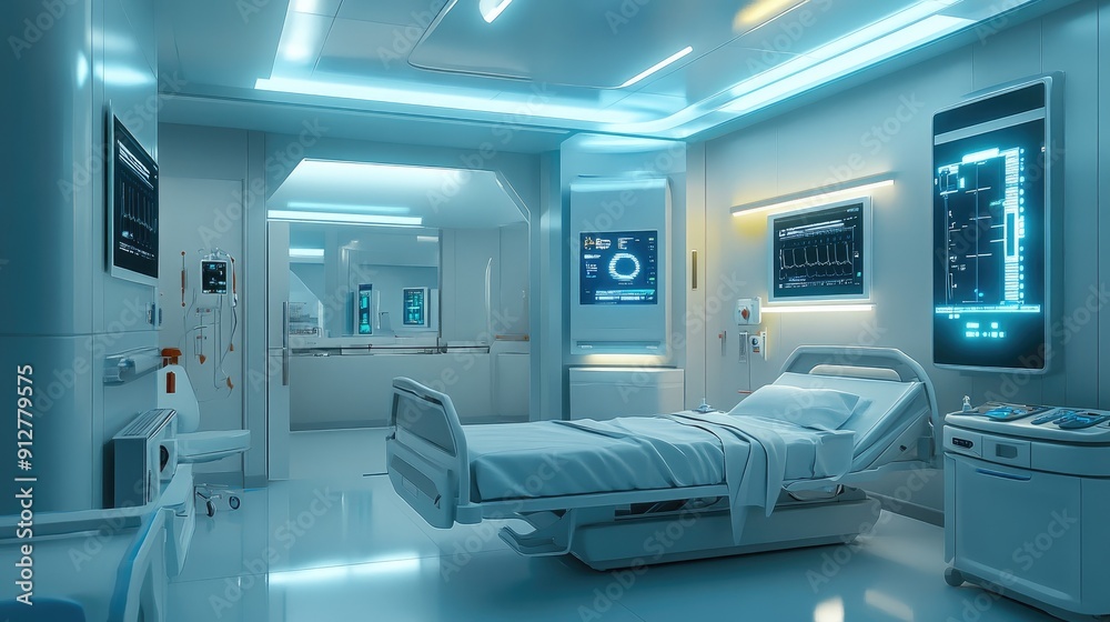 High-tech hospital room with automated monitoring systems High-tech hospital room with automated monitoring systems