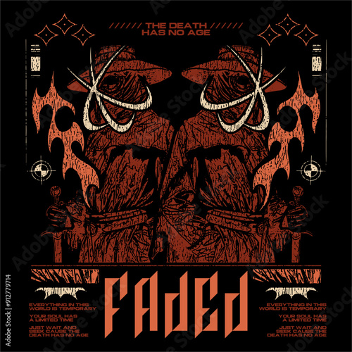 Faded streetwear skull t shirt design vector illustration, japanese brutalism graphic t-shirt design, urban artwork for clothing design  
