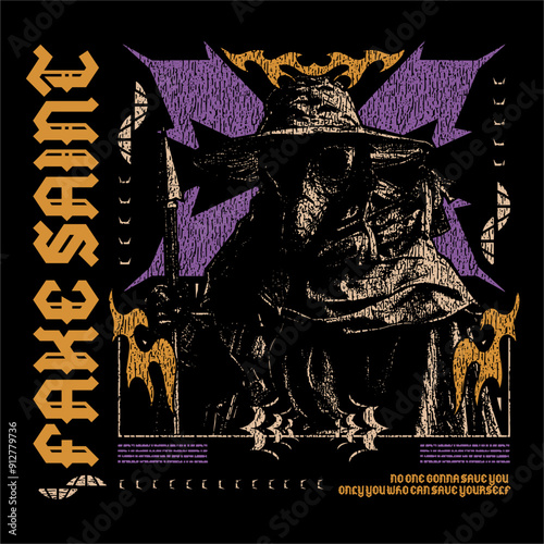 Fake Saint streetwear skull t shirt design vector illustration, Christian brutalism graphic t-shirt design, urban artwork for clothing design 