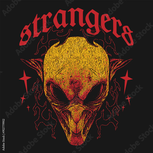 Strongers, Brutalism graphic t-shirt design, streetwear skull t shirt design vector illustration, urban artwork for clothing design  