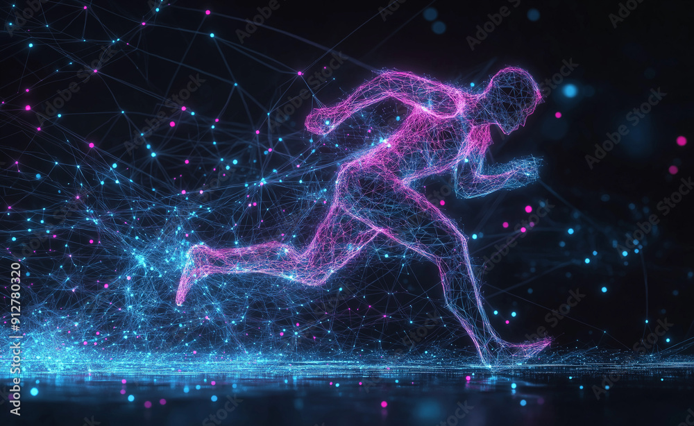 A digital illustration of a glowing, dynamic runner made of light particles, sprinting against a dark background. A digital illustration of a glowing, dynamic runner made of light particles, sprinting against a dark background.