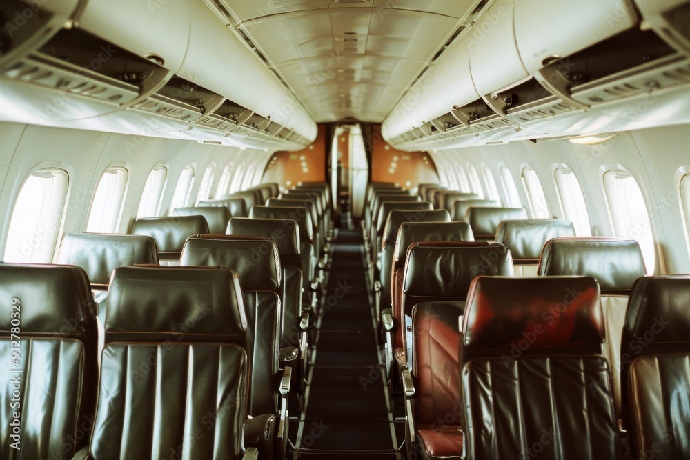 A serene view of an empty airplane cabin with neat rows of leather seats, bathed in soft natural light, suggesting calm and travel anticipation. A serene view of an empty airplane cabin with neat rows of leather seats, bathed in soft natural light, suggesting calm and travel anticipation.