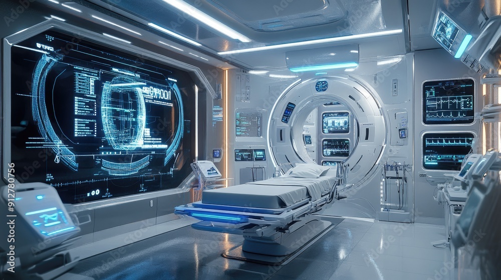 High-tech hospital room with automated monitoring systems High-tech hospital room with automated monitoring systems