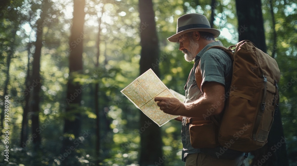 Fototapeta premium Senior hiker exploring forest with a map