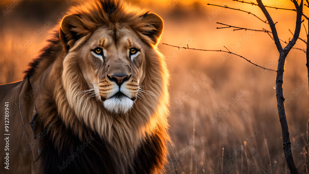 Naklejka premium A lion is standing in a field with a tree behind it