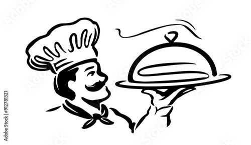Chef with cloche, tray of food in hand emblem. Restaurant or cafe logo vector illustration