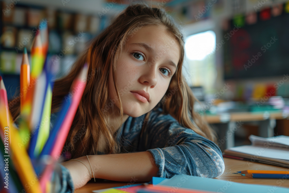 Sad Caucasian girl student in classroom. Portrait of thoughtful teenager schoolgirl. Back to school concept Sad Caucasian girl student in classroom. Portrait of thoughtful teenager schoolgirl. Back to school concept