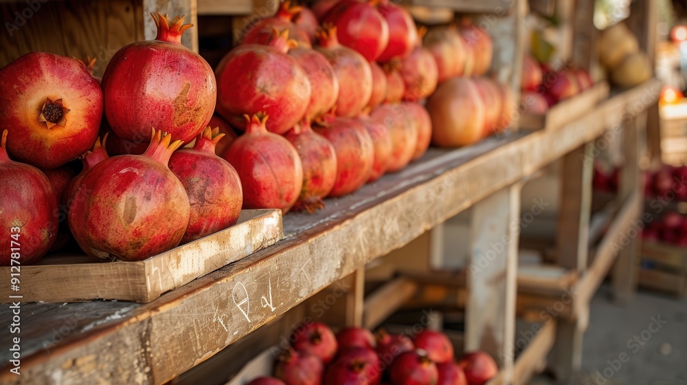 Fresh pomegranate fruit on shelf for sale in a grocery fruit store Fresh pomegranate fruit on shelf for sale in a grocery fruit store