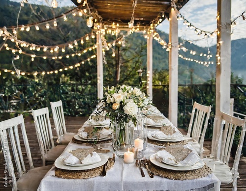 Wedding r table setting. hall decoration with a lot of string lights and candles. photo